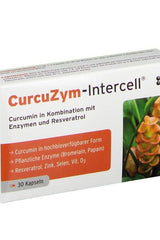 CurcuZym-Intercell supplement box featuring curcumin, enzymes, and resveratrol for enhanced health.