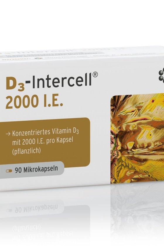 D3 Intercell 2000 IU vitamin D3 supplement packaging with 90 capsules for immune support and bone health.