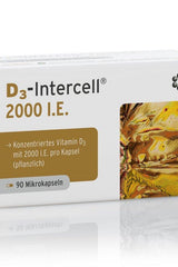 D3 Intercell 2000 IU vitamin D3 supplement packaging with 90 capsules for immune support and bone health.