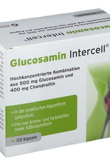 Intercell Pharma Glucosamine Intercell product packaging featuring 120 capsules for joint health support.