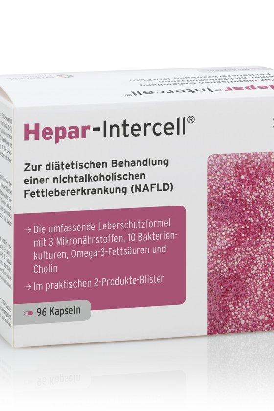 Intercell Pharma Hepar-Intercell box with 96 capsules, designed to support liver health and well-being.