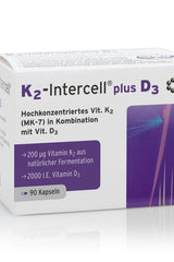 K2 Intercell Plus D3 supplement packaging, 90 capsules featuring Vitamin K2 and D3 for health support.