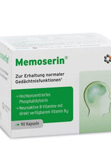 Memoserin dietary supplement box with 90 capsules providing phosphatidylserine and vitamins for cognitive health.