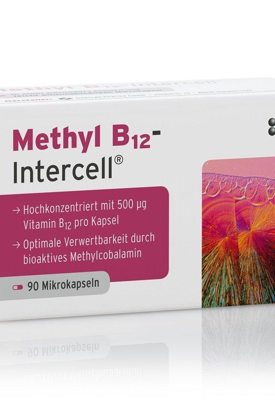 Intercell Pharma Methyl B12 supplement packaging with 90 capsules, high concentration of Vitamin B12.