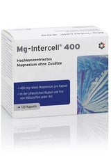 Intercell Pharma Mg-Intercell 400 mg magnesium supplement packaging, 120 capsules in a natural plant-based capsule.