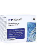 Intercell Pharma Mg-Intercell Magnesium Citrate capsules box, 120 capsules, high-quality organic magnesium citrate.