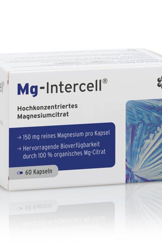 Intercell Pharma Mg-Intercell Magnesium Citrate box, 60 capsules, high bioavailability, 150 mg pure magnesium per capsule.