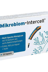 Mikrobiom-Intercell dietary supplement box with 33 bacterial cultures promoting gut health.