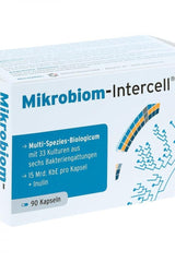 Mikrobiom-Intercell pack showcasing 90 capsules designed to support gut health with 33 bacterial cultures.