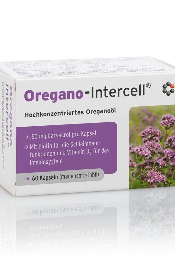 Intercell Pharma Oregano capsules packaging featuring 150 mg Carvacrol for immune support and health.