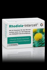 Rhodiola-Intercell box with Rhodiola rosea extract and B-vitamins for stress relief and energy.