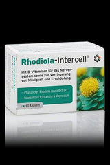 Rhodiola-Intercell box with Rhodiola rosea extract and B-vitamins for stress relief and energy.