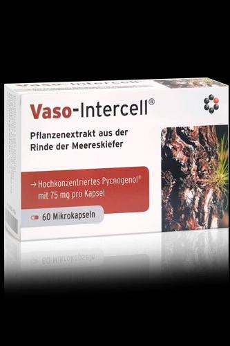 Intercell Pharma Vaso-Intercell packaging with 60 capsules, Pycnogenol plant extract for antioxidant support.