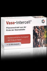 Intercell Pharma Vaso-Intercell packaging with 60 capsules, Pycnogenol plant extract for antioxidant support.