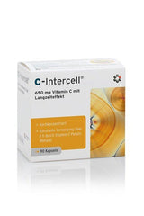 Intercell Pharma Vitamin C 90 capsules box with extended release and high bioavailability.