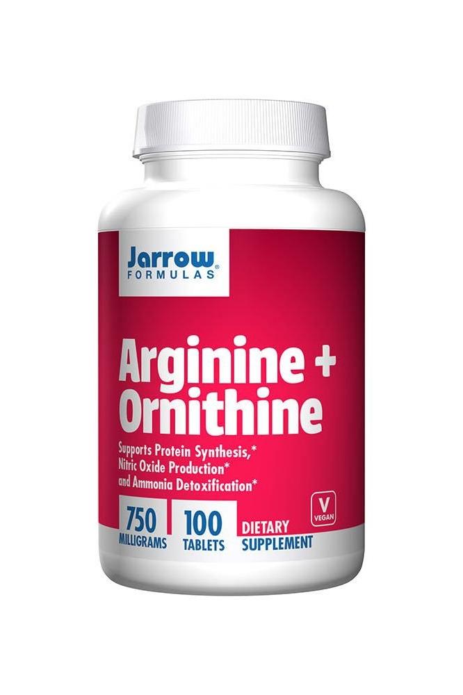 Jarrow Formulas Arginine + Ornithine 750 mg supplement bottle, supports protein synthesis and ammonia detoxification.