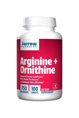 Jarrow Formulas Arginine + Ornithine 750 mg supplement bottle, supports protein synthesis and ammonia detoxification.
