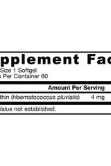 Supplement facts for Jarrow Formulas Astaxanthin softgels, detailing ingredients and serving size.