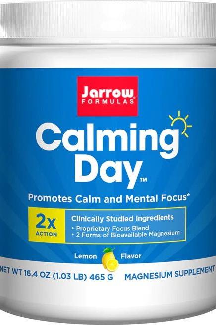 Jarrow Formulas Calming Day magnesium supplement for relaxation and mental focus with lemon flavor.
