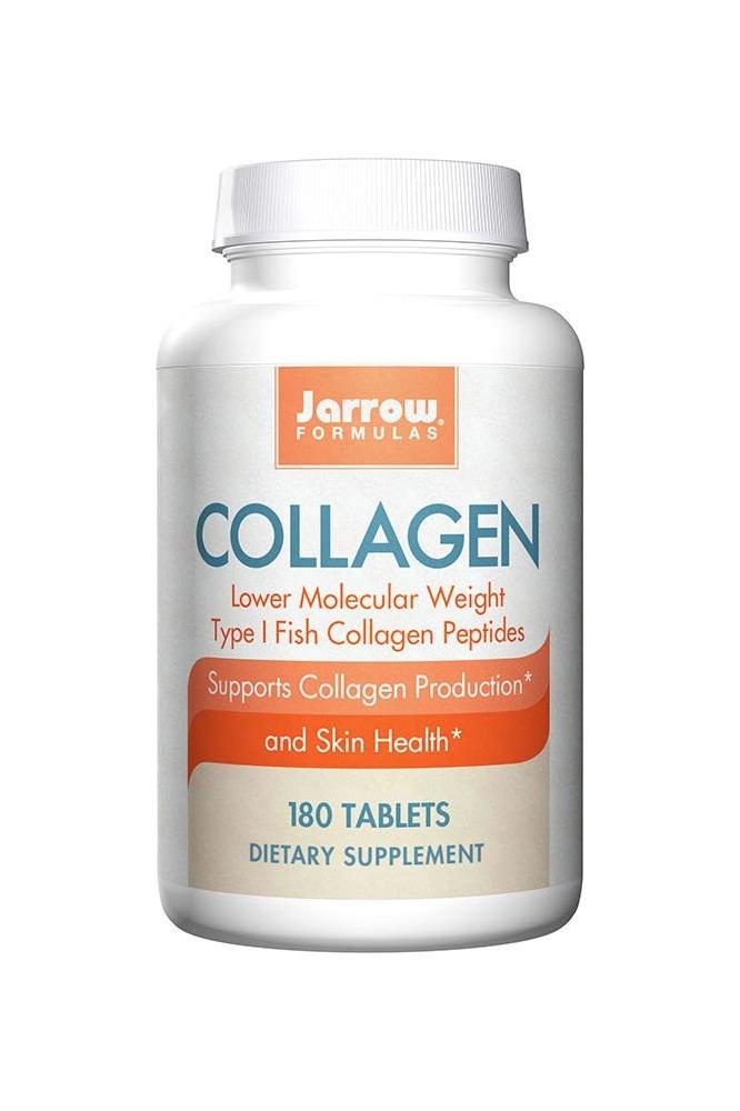 Jarrow Formulas Collagen supplement in a bottle, 180 tablets, supports collagen production and skin health.