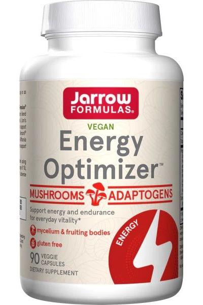 Jarrow Formulas Energy Optimizer vegan supplement bottle, 90 veggie capsules for energy and vitality support.