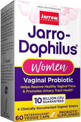 Jarrow Formulas Jarro-Dophilus Women probiotic supplement box promoting vaginal health with 10 billion CFU.