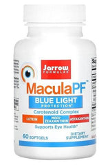 Jarrow Formulas Macula PF dietary supplement bottle for eye health support, featuring carotenoid complex and blue light protection.