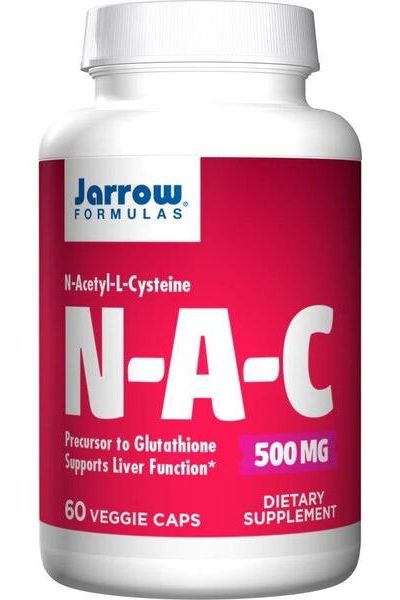 Jarrow Formulas N-A-C supplement bottle with 500mg N-Acetyl-L-Cysteine for immune support and liver health.