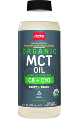 Jarrow Formulas Organic MCT Oil bottle, 16 fl oz, made from 100% coconut oil, keto friendly, C8 & C10 fatty acids.
