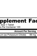 Supplement facts label showing Jarrow Formulas Potassium Citrate with 99 mg per tablet, 120 tablets per container.