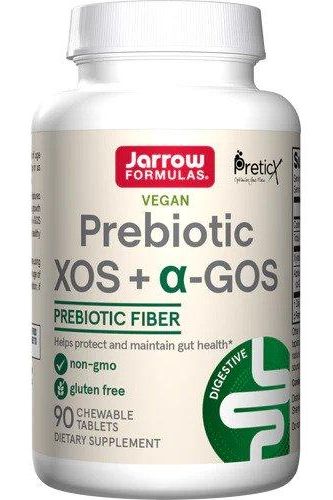 Jarrow Formulas Vegan Prebiotic XOS + α-GOS supplement bottle containing 90 chewable tablets for gut health.
