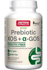 Jarrow Formulas Vegan Prebiotic XOS + α-GOS supplement bottle containing 90 chewable tablets for gut health.