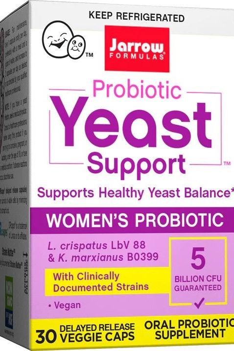 Jarrow Formulas Probiotic Yeast Support box, promoting healthy yeast balance with vegan oral probiotic supplement.