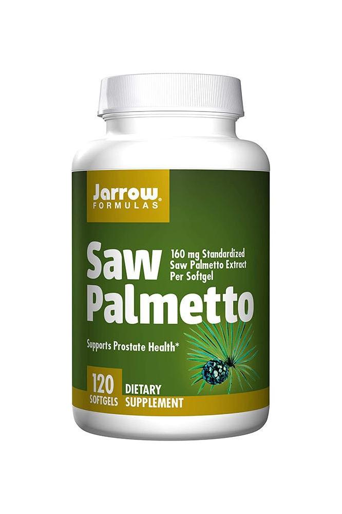 Jarrow Formulas Saw Palmetto 120 softgels bottle, supports prostate health with standardized extract.