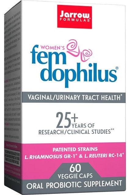 Jarrow Formulas Women's Fem Dophilus probiotic supplement for vaginal and urinary tract health, featuring 60 veggie capsules.