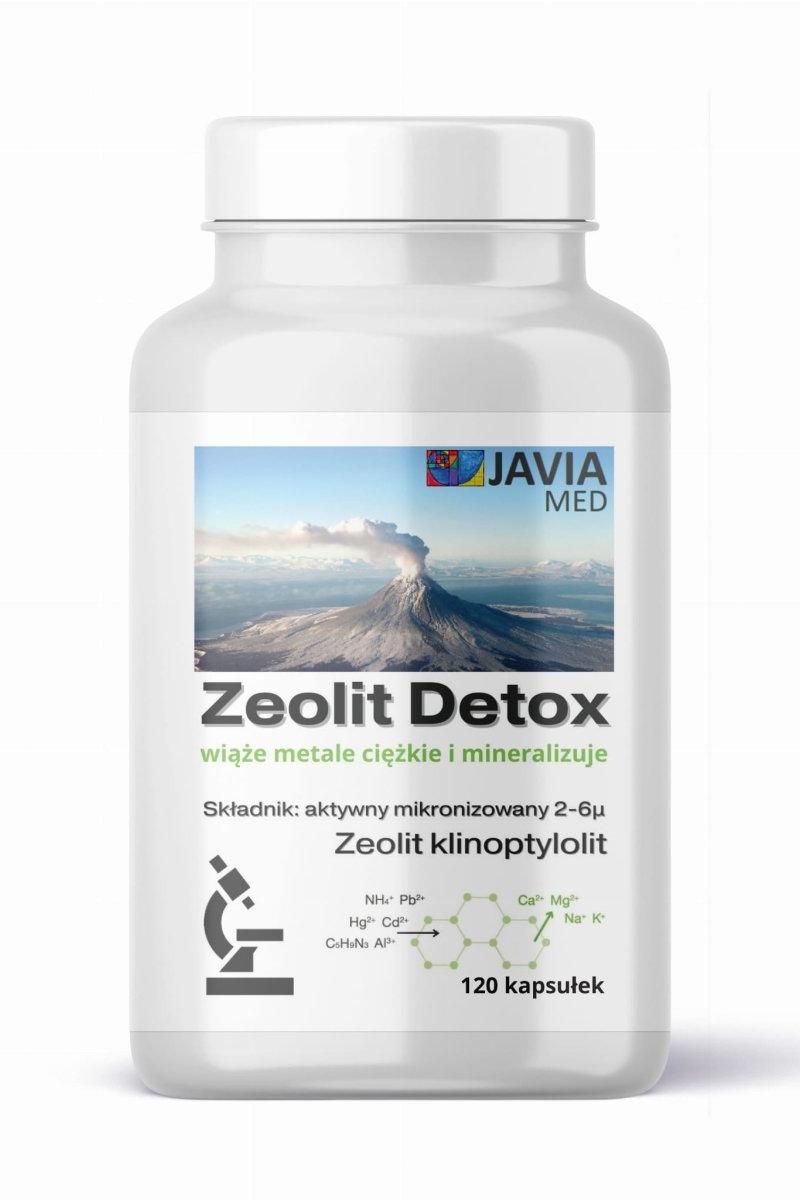 Javia Zeolit Detox capsules for detoxifying toxins and heavy metals, 120 capsules in a clear bottle.