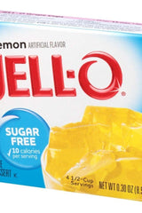 Jell-O lemon flavored sugar-free gelatin dessert box, low-calorie, for quick and easy preparation.