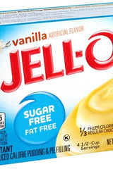Jell-O Vanilla Instant Pudding and Pie Filling, Sugar Free and Fat Free, low-calorie dessert option.