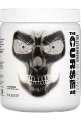 JNX Sports The Curse! Glutamine tub featuring a skull design, unflavored dietary supplement for muscle recovery.