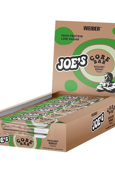 Weider Joe's Core Bars in a box, featuring high protein and low sugar hazelnut flavor.