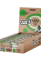 Weider Joe's Core Bars in a box, featuring high protein and low sugar hazelnut flavor.