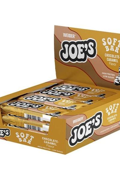 Weider Joe's Soft Bar display box, featuring chocolate-caramel flavored protein bars, high protein and low sugar.