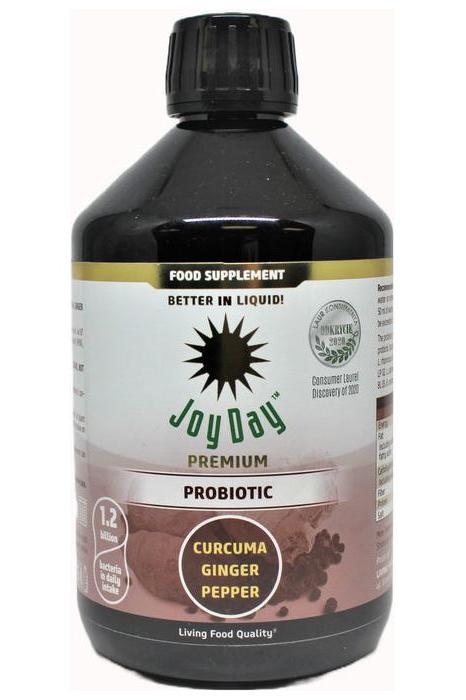 Joy Day Premium Probiotic Curcuma Ginger Pepper supplement in liquid form, 500 ml, for digestive health and immunity.