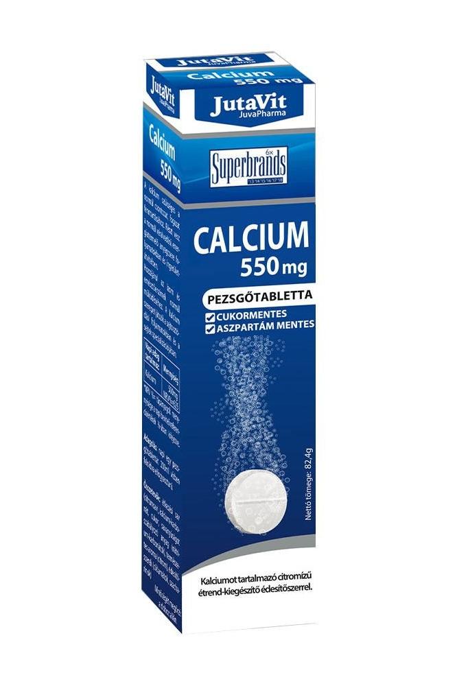 JutaVit Calcium 550 mg effervescent tablets box featuring sugar-free, lemon-flavored formula with bubbles.