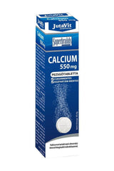 JutaVit Calcium 550 mg effervescent tablets box featuring sugar-free, lemon-flavored formula with bubbles.