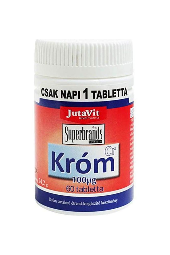 JutaVit Chromium 100 IU supplement bottle, 60 tablets for blood sugar support and metabolic health.
