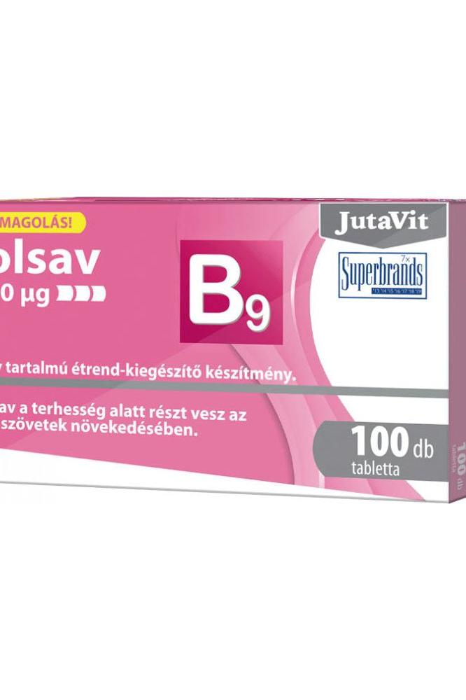 JutaVit Folic Acid 100 tablets packaging for normal blood formation and cell division support.