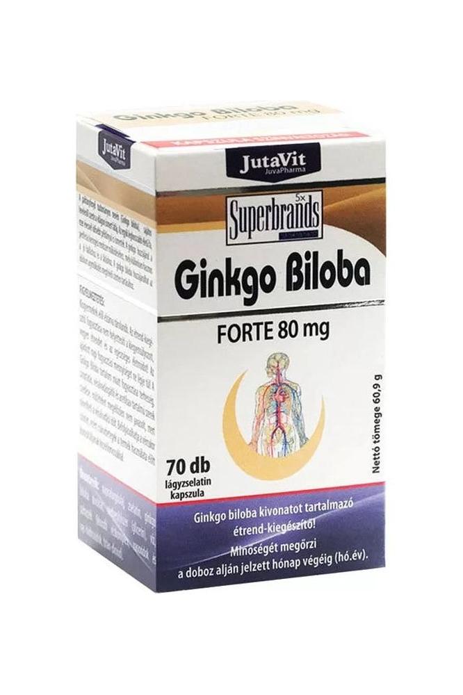 JutaVit Ginkgo Biloba Forte 80 mg supplement box with 70 softgels for memory support and wellness.