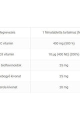 Ingredient table for JutaVit Liposom C 400 mg including Vitamin C, D3, bioflavonoids, rosehip, and acerola.