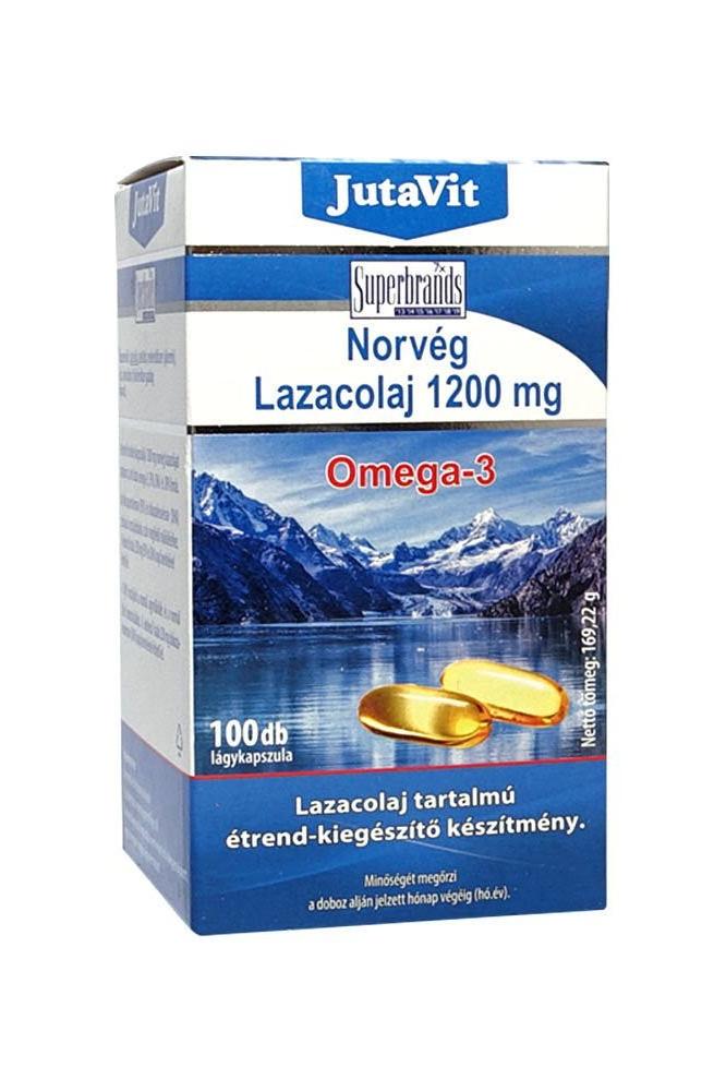 JutaVit Norwegian Omega-3 Salmon Oil 1200 mg softgel pack with 100 capsules, featuring scenic mountain backdrop.
